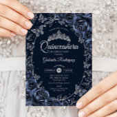 Navy Silver Butterflies Roses Quinceanera Kaart