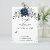 Navy Silver Champagne Ivory Geometric Wedding RSVP Kaartje (Staand voorkant)
