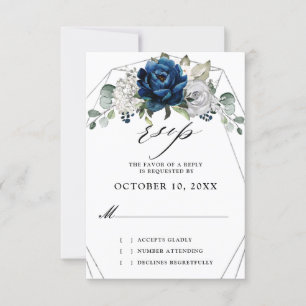 Navy Silver Champagne Ivory Geometric Wedding RSVP Kaartje