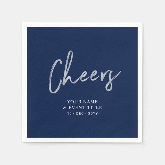 Navy Silver Cheers Borstel Script Party Feesten Servet (Voorkant)