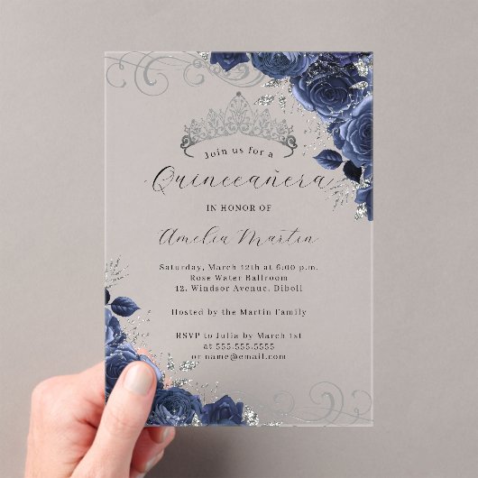 Navy Silver Clear Acryl Bloemen Quinceanera Acryl Uitnodigingen (Insitu (Draagbaar))