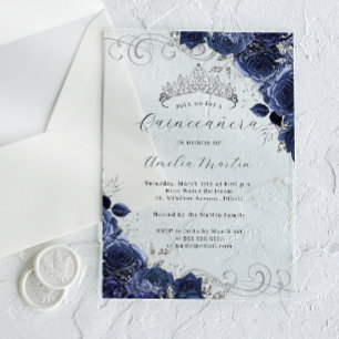 Navy Silver Clear Acryl Bloemen Quinceanera Uitnodigingen