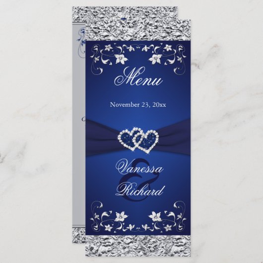 Navy, Silver Floral Joined Hearts Menu Kaart (Voorkant / Achterkant)