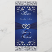 Navy, Silver Floral Joined Hearts Menu Kaart (Voorkant)