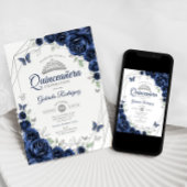 Navy Silver Floral Quinceanera Kaart