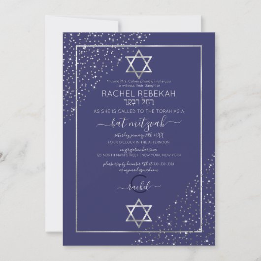 Navy Silver Glitter Confetti Corners Bat Mitzvah Kaart (Voorkant)