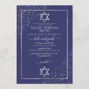 Navy Silver Glitter Confetti Corners Bat Mitzvah Kaart