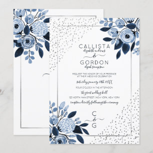 Navy Silver Glitter Confetti Floral Border Wedding Kaart