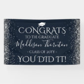 Navy & Silver Glitter Congrats Afstuderen Afstuder Spandoek (Horizontaal)