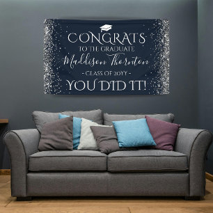 Navy & Silver Glitter Congrats Afstuderen Afstuder Spandoek