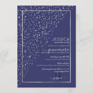 Navy Silver Glitter Diagonaal Confetti Quinceañera Kaart