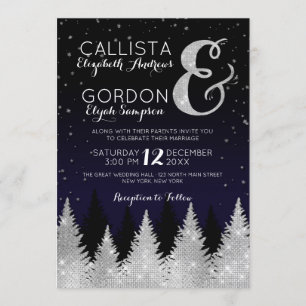 Navy Silver Glitter Tree Winter Wonderland Wedding Kaart