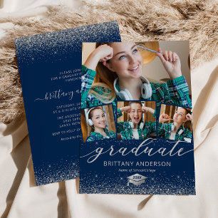 Navy Silver Graduation 4 Photo Invitation