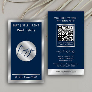Navy & Silver Logo Elegant Vastgoed QR Code Visitekaartje