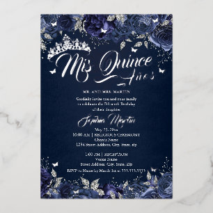 Navy Silver Roos Mis Quince Quinceanera Folie Uitnodiging