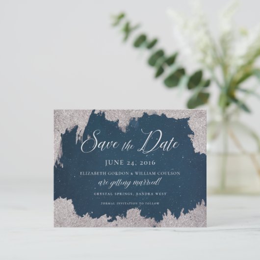 Navy Silver Star Celestial Winter Frost Bruiloft Save The Date (Staand voorkant)