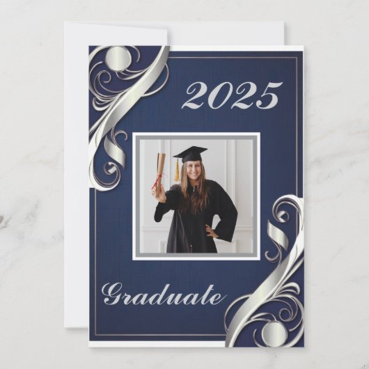 Navy Silver White Afstuderen 2025 Kaart (Voorkant)