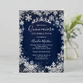 Navy Silver Winter Snowflake Quinceanera Folie Uitnodiging (Staand Voorkant)