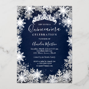 Navy Silver Winter Snowflake Quinceanera Folie Uitnodiging