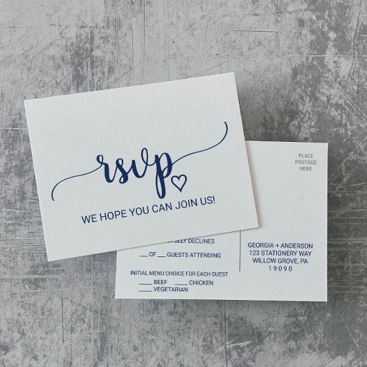Navy Simple Calligraphy Menu Choice RSVP Briefkaar
