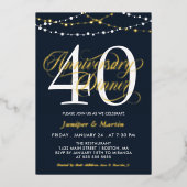 Navy Slingerlichten 40e huwelijksverjaardag diner Folie Uitnodiging (Voorkant)