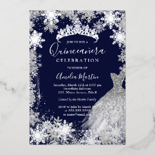 Navy Sneeuwvlok Winter Quinceanera Folie Uitnodiging