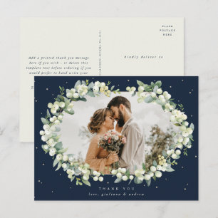 Navy Snowberry + Eucalyptus bruiloft dank u foto Briefkaart