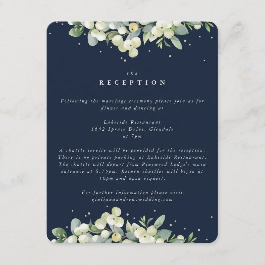 Navy Snowberry + Eucalyptus Edged bruiloft recepti Informatiekaartje (Voorkant)