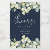 Navy Snowberry + Eucalyptus Winter Bruiloft Mini Wijn Etiket (Enkel label)