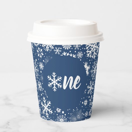 Navy Snowflake ONE Paper Cup Papieren Bekers (Voorkant)
