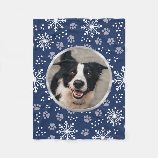 Navy Snowflake Paw Pattern Foto Fleece Deken (Voorkant)