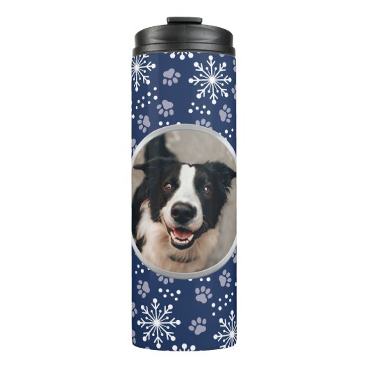 Navy Snowflake Paw Pattern Foto Thermosbeker (Voorkant)
