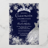 Navy Snowflake Winter Quinceanera Folie Uitnodiging (Voorkant)