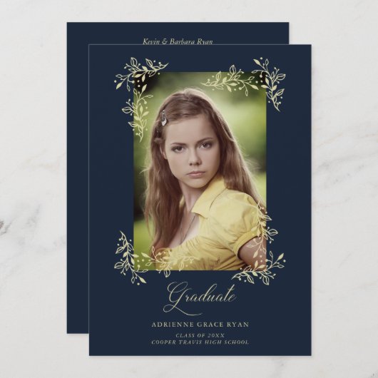 Navy Sophisticated Flourish Photo Afstuderen Kaart (Voorkant / Achterkant)