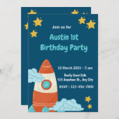 Navy Space Rocket Birthday Party Invitation Kaart (Voorkant / Achterkant)