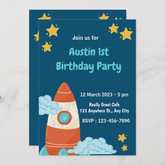 Navy Space Rocket Birthday Party Invitation Kaart (Voorkant / Achterkant)