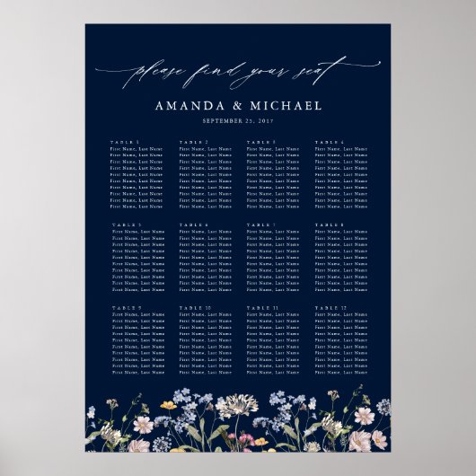 Navy Spring Wildflower bruiloft zitgrafiek Poster (Voorkant)
