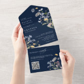 Navy Spring Wildflower Meadow Garden Bruiloft All In One Uitnodiging (Afscheurbaar)