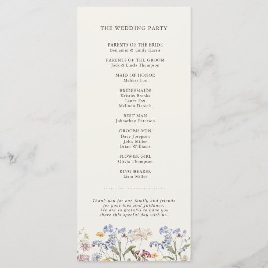 Navy Spring Wildflower Meadow Garden Bruiloft Programma (Achterkant)