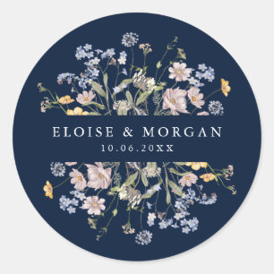 Navy Spring Wildflower Meadow Garden Bruiloft Ronde Sticker