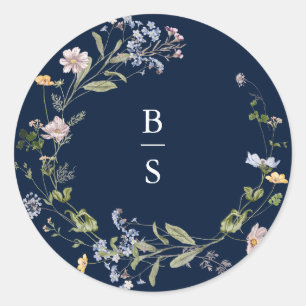 Navy Spring Wildflower Meadow Garden Bruiloft Ronde Sticker