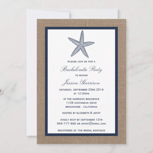 Navy Starfish Beach Burlap Bachelorette Party Kaart (Voorkant)