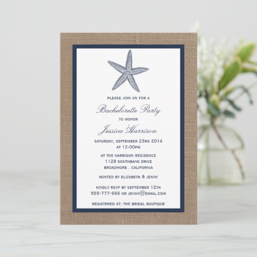 Navy Starfish Beach Burlap Bachelorette Party Kaart (Staand voorkant)