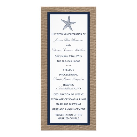 Navy Starfish Burlap Beach huwelijksprogramma Reclamekaart (Voorkant)