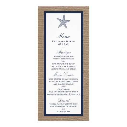 Navy Starfish Burlap Beach Wedding Menu (Devant)