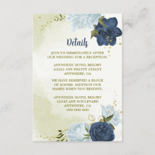 Navy Stoffig Blauw Bloemen Groene bladeren Informatiekaartje