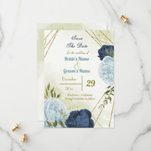Navy Stoffig Blauw Bloemen Groene bladeren Save The Date