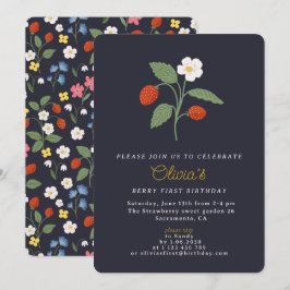 Navy Strawberry eerste verjaardag uitnodiging