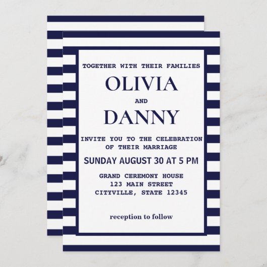 Navy Stripe Beach Bruiloft Kaart (Voorkant / Achterkant)