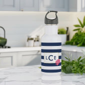 Navy Stripe en Roze Pony Monogram Water Fles